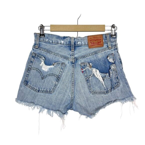 Levi's Jean Shorts Womens Size 27 Blue Denim High Rise Wedgie Distressed Cut Off - Picture 5 of 13